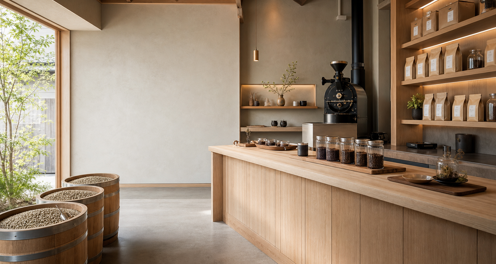 白木を基調にした静かなコーヒー焙煎所の店内